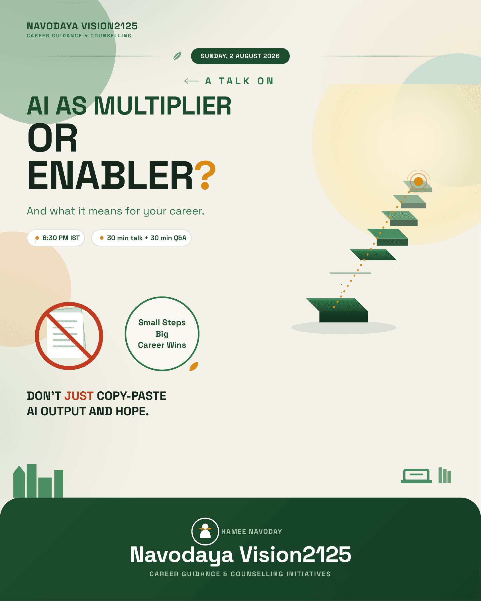 Event flyer: AI as Multiplier or Enabler? — Sunday, 2 August 2026, 6:30 PM IST, 30 min talk plus 30 min Q&A, hosted by Navodaya Vision2125.