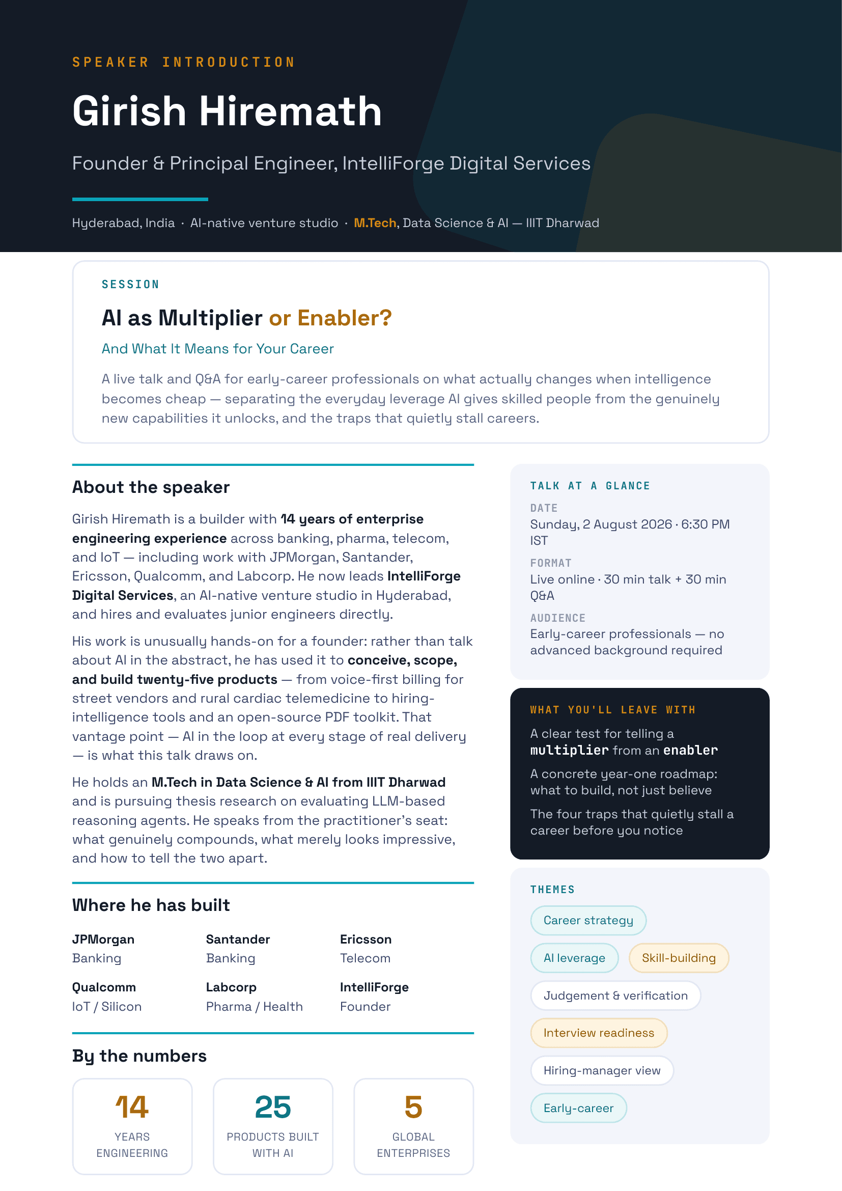 Speaker introduction one-pager for Girish Hiremath — background, session summary, themes, and career highlights.